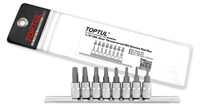 Набор торцевых головок 1/4" TORX  с отверстием T8-T40 L=37 мм на планке 8 предметов TOPTUL